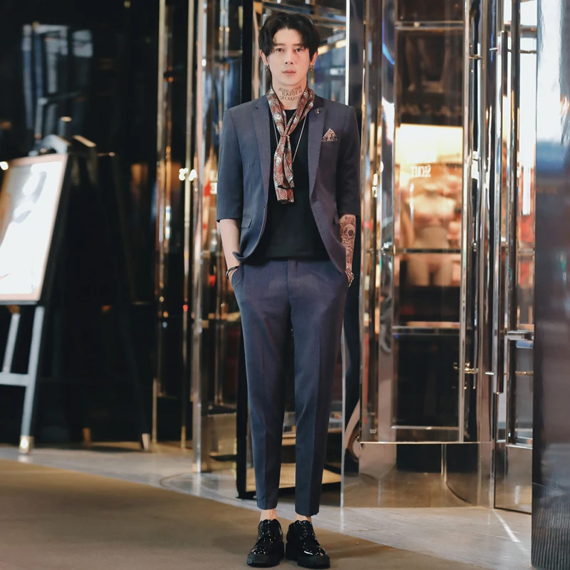 Корейский Костюм Homme Лето Traje Hombre комплект из 2 предметов серый смокинг офисное платье костюмы зауженные официальные мужские костюмы с брюками