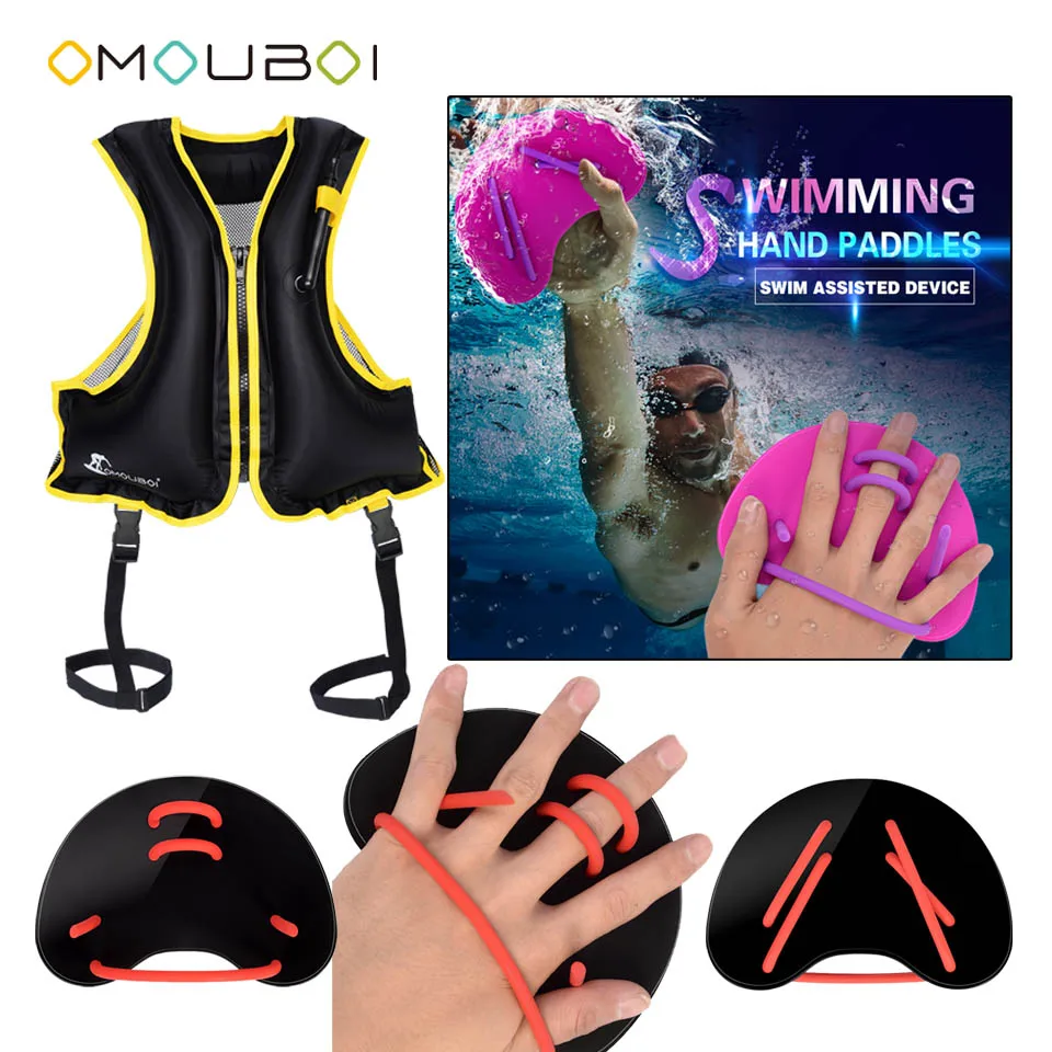 

OMOUBOI Black Silicone String Swim Hand Web Fins Plastic Training Blade Flippers With Inflatable Surfing Rash Vest Safety Jacket