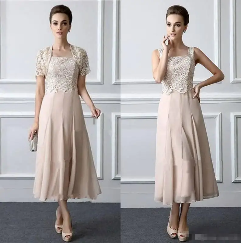 

Two Pieces 2018 Tea Length Lace Formal evening gown Elegant Customized vestido novia Mother of The Bride Dresses with jacket