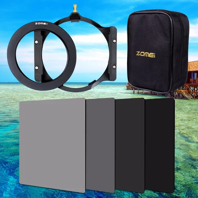 Cheap Zomei 150*100mm ND ND2 ND4 ND8 ND16 Neutral Density square filter holder 16 pieces case adapter ring 67mm 72mm 77mm 82mm