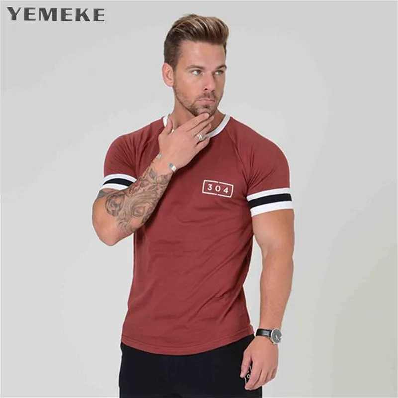 

YEMEKE Slim Fit Tees Men Patchwork T-Shirts Compression Shirt Tops Bodybuilding Fitness O-Neck Short Sleeve T Shirt