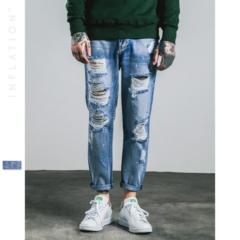 

Kings&pauper 2017 Hip Hop Streetwear Ankle-Length Denim Pants Mens Light Blue Jeans Brand Ripped Jeans For Men Jeans