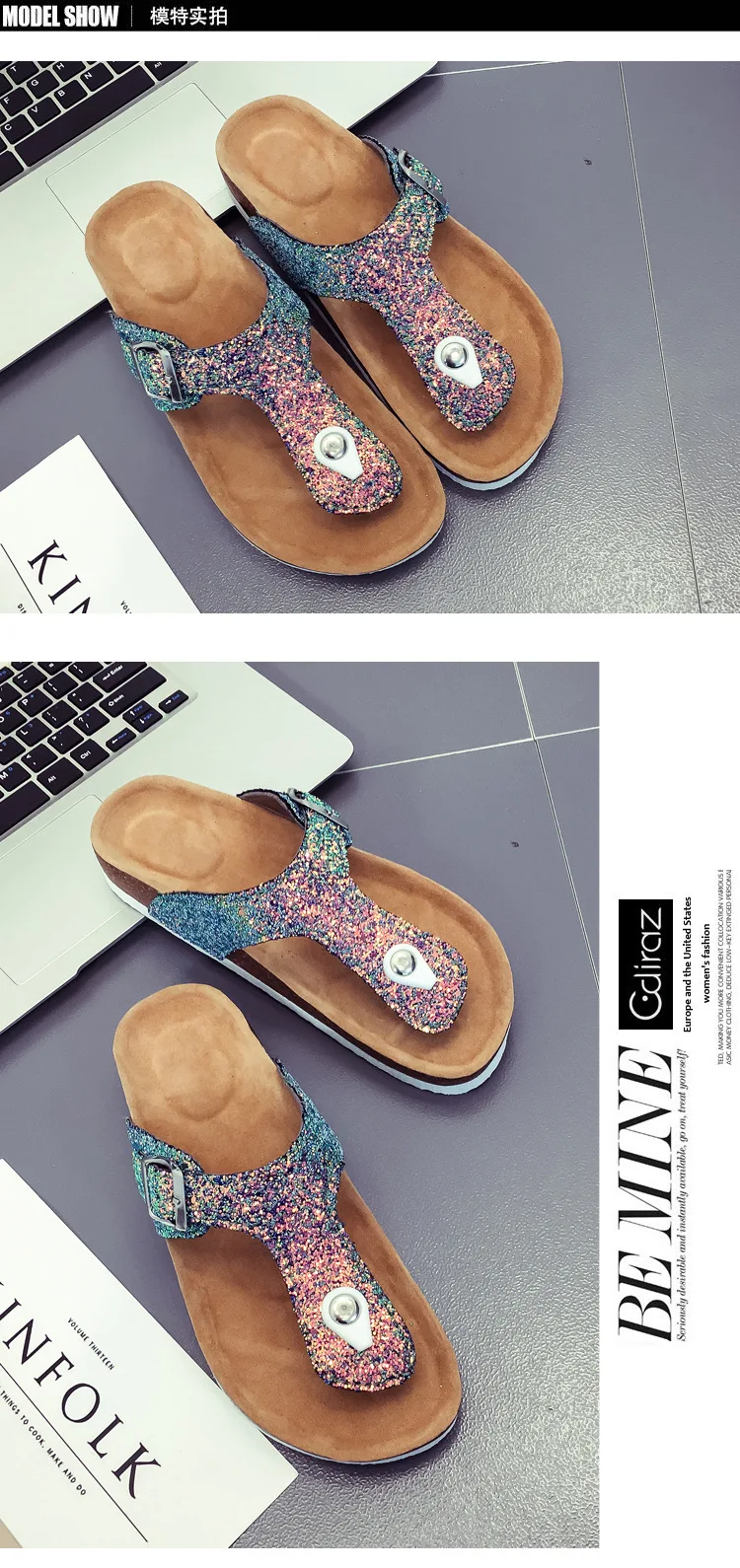 Знаменитый дизайнер блестящие пробковые сандалии для женщин смешанных цветов с блестками щипцы тапочки femmes джинсовые Вьетнамки пляжная пробковая обувь womany697
