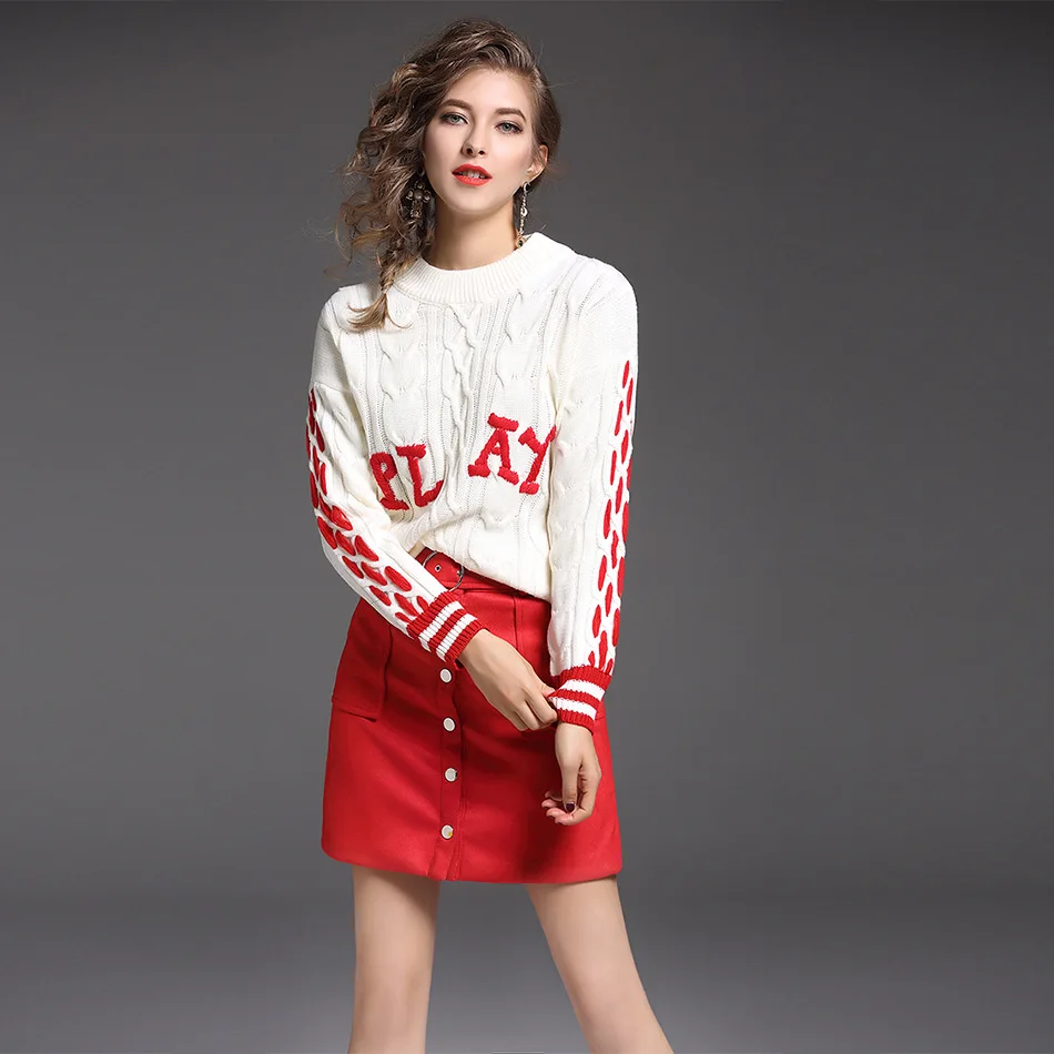 Two Piece Set Sweater + Skirts Runway Fashion Women 2017 Knitwear Unif