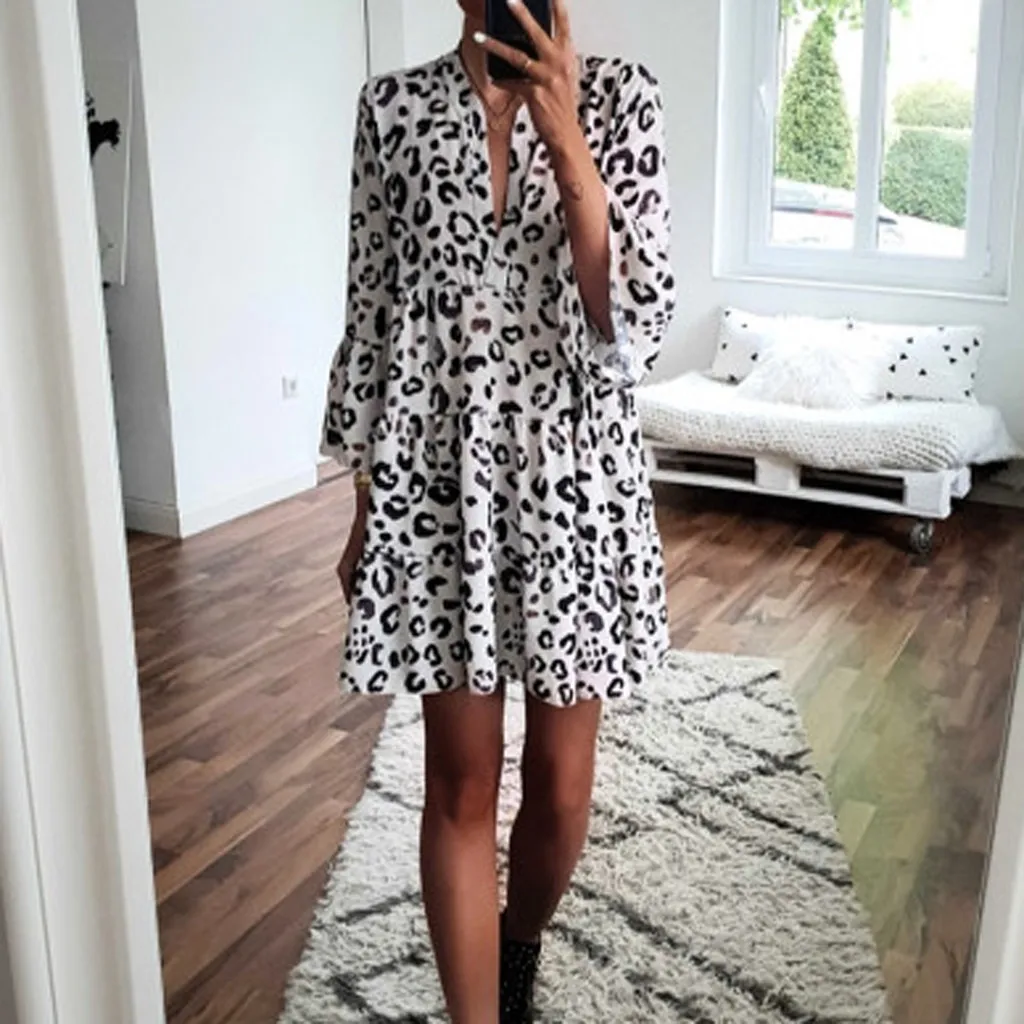 

Fashion Women V-Neck Three Quarter Flare Sleeve Leopard Print Draped Mini Dress camisas mujer sukienka vestidos mujer 2019