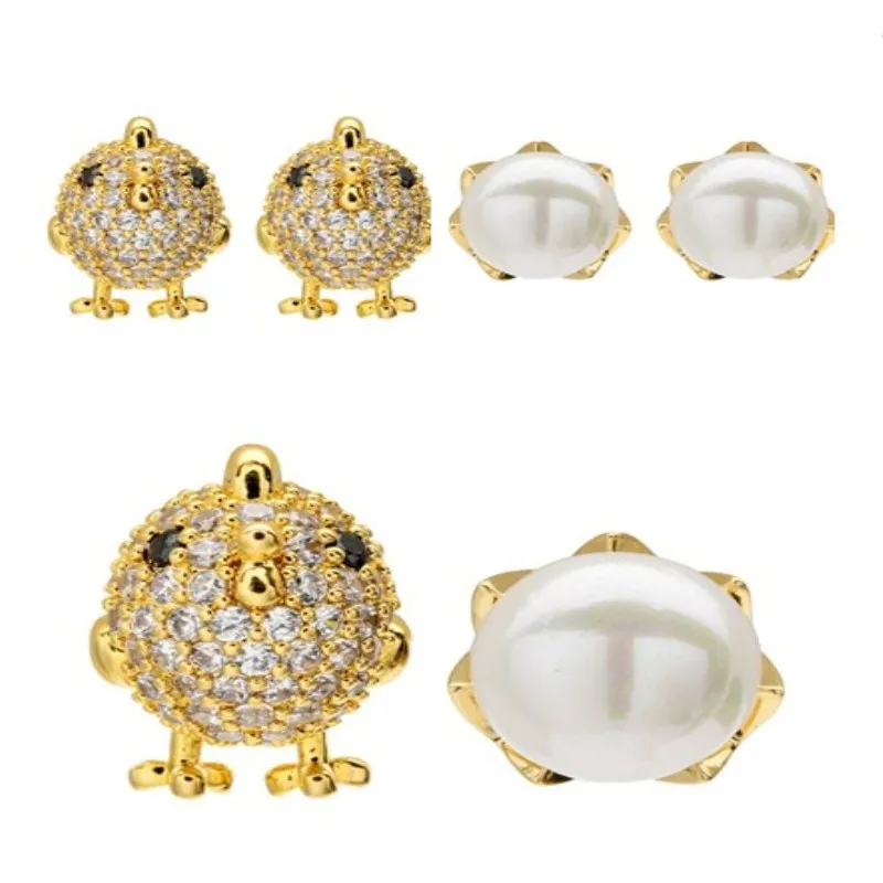 1 пара AB Стиль Милая курица и яйцо Мода девушка Асимметричные циркониевые серьги с жемчугом Мода и поп серьги гвоздики создан жемчуг