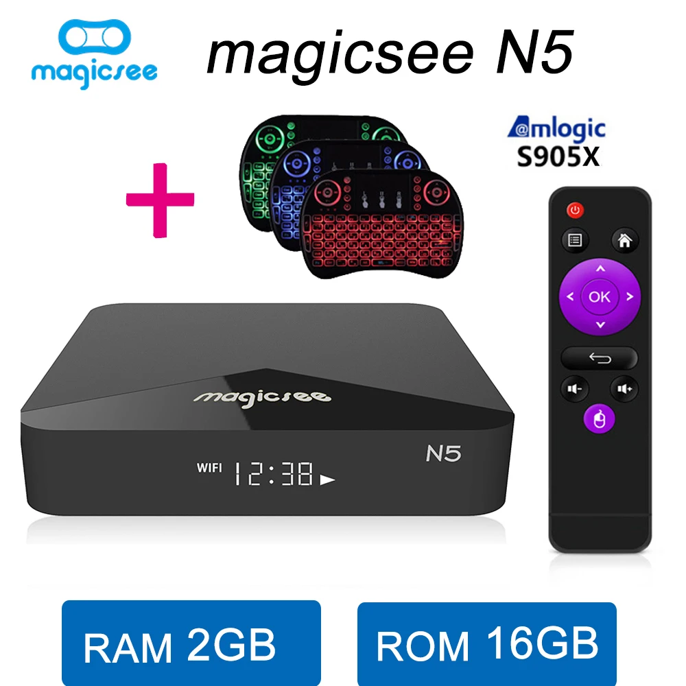 

Magicsee N5 Android 7.1.2 TV BOX Amlogic S905X Quad-core 2GB RAM 16GB ROM 2.4/5G Dual WiFi Set Top Box Support 3D 4K H.265 Play