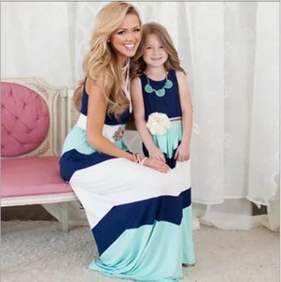 2016-Summer-Style-Family-Matching-Outfits-mother-daughter-dresses-Contrast-Color-blue-A-Line-Dress-Ankle