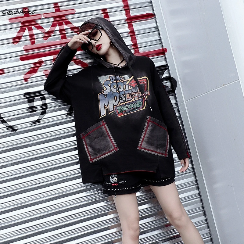 

Jean Patchwork Pullovers Hooded Sweatershirt 2019 Spring Women Tops High Street Cool Punk Clothing New hoody Batwing LT837S40