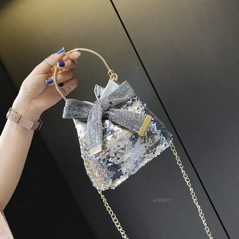 Большая женская сумка дикий сумка текстуры блестящие цепочки плечо небольшой мягкая поверхность накачки ведро сумки mujer - Цвет: Silver
