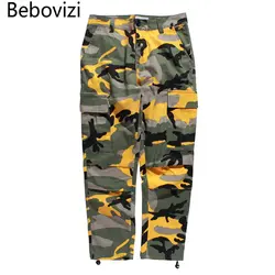 Bebovizi Camo Cotton Cargo Брюки Скейтборд уличная Мужская мода Повседневное Тактический брюк Хип-Хоп Мешковатые Мульти Карманы Брюки