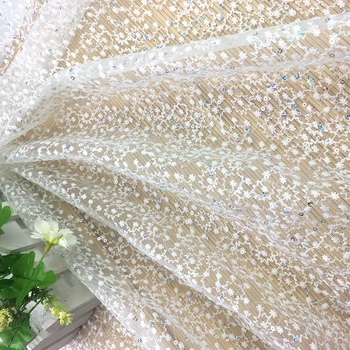 

5Yards 2018 Latest Silver Sequins French African Lace Fabric High Quality Embroidered Tulle Mesh Lace Fabric For Wedding Dress