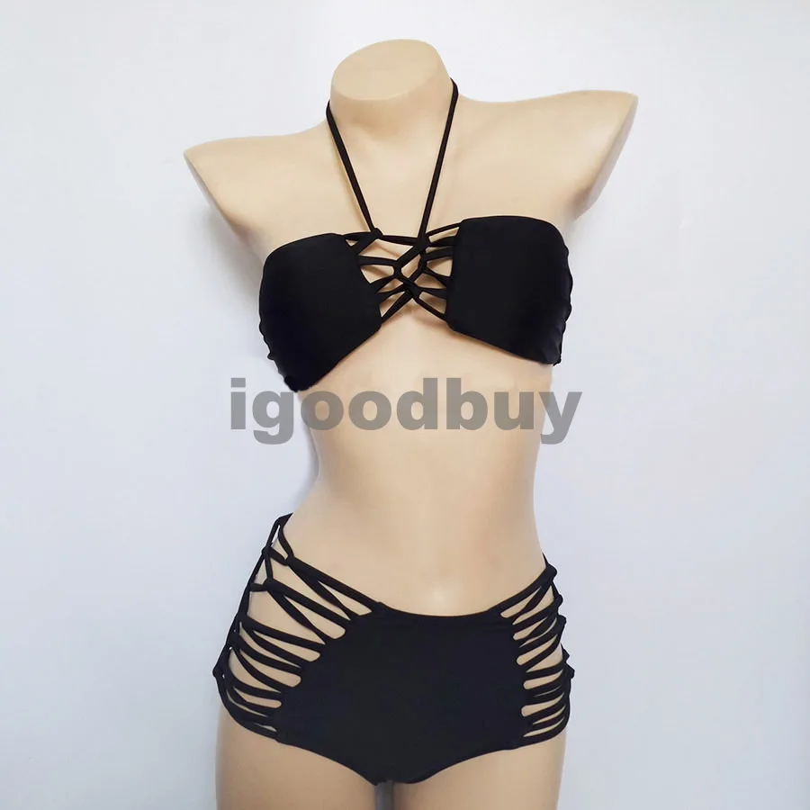 2015 Ladies black strappy high waist Sexy bikini R...