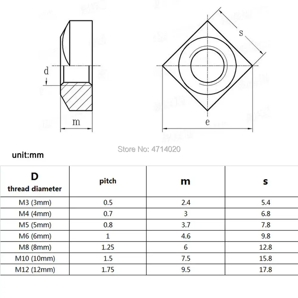 5/50 шт Высокое качество M3 M4 m5 m6 m8 m10 m12 DIN557 GB39 304 A2-70 Нержавеющая сталь Метрическая Резьбовая квадратная гайка квадрат