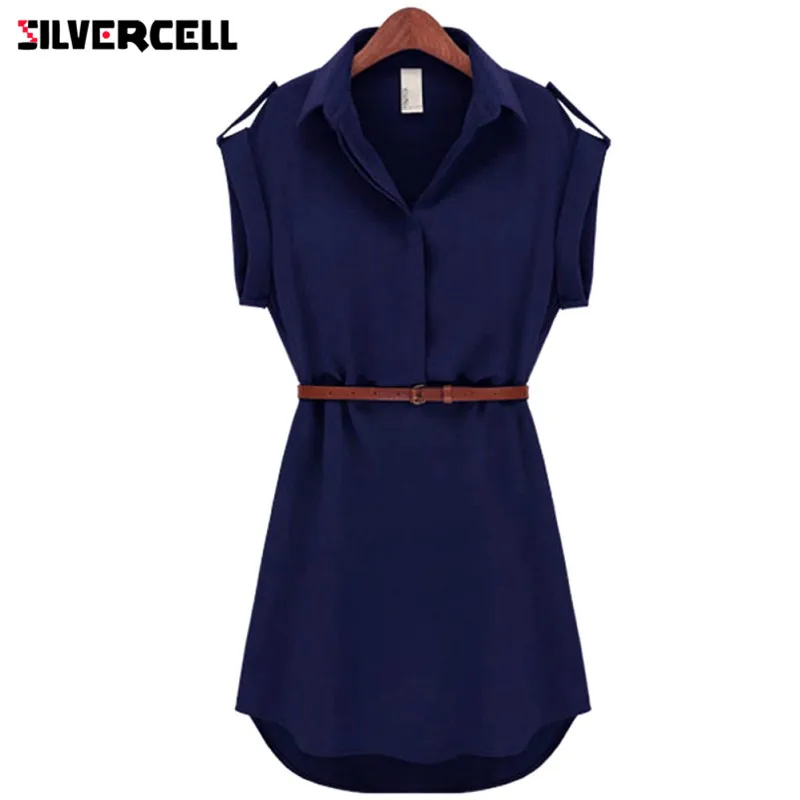 

2017 Fashion Summer Women's Short Sleeve Stretch Chiffon Casual OL Belt Mini Dress