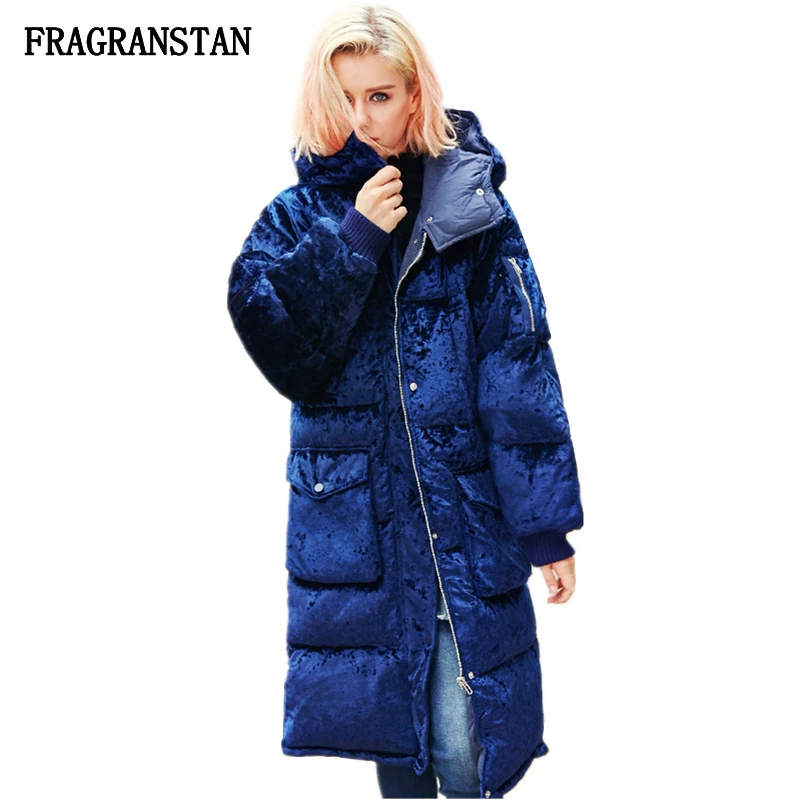 

2018 Women Winter New Thick Warm Hooded Velvet Down Jacket Female Fashion Casual Navy Blue Parkas High Quality Loose Coat JQ582