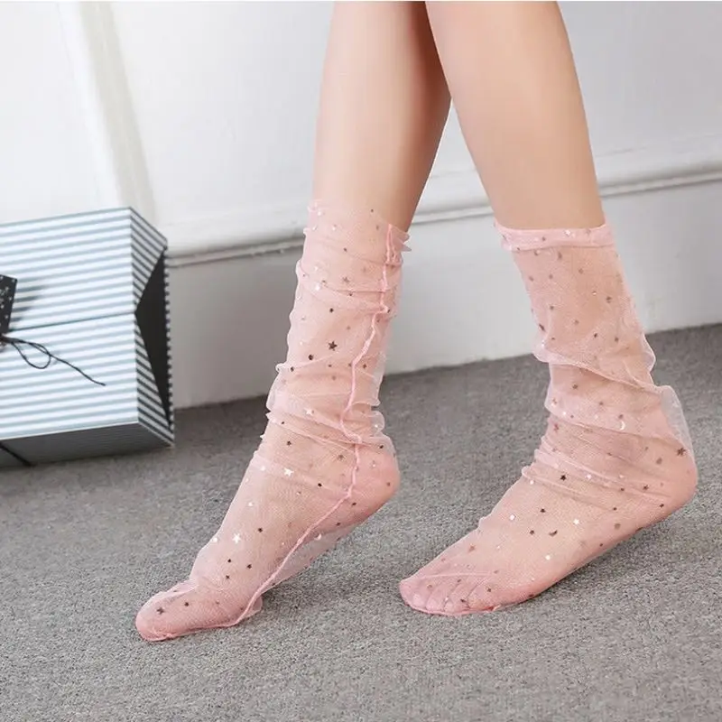 Новые летние женские носки ультратонкие модные шелковые носки со стразами женские милые сетчатые носки чулочно-носочные изделия Skarpetki Damskie - Цвет: pink