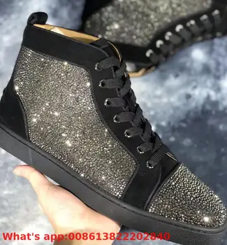 

Lovers High Top Leisure Lace Up Black Suede Leather Gray Rhinestones Red Bottoms For Man Shoes Sneakers Tie Casual Flat