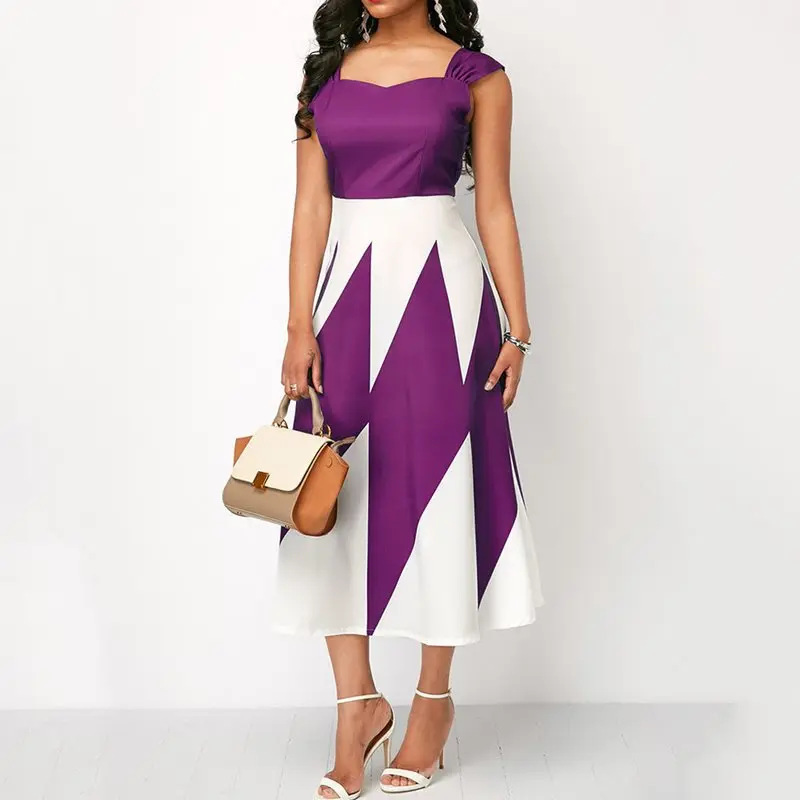 Винтажные летние элегантные вечерние офисные женские платья средней длины в африканском стиле размера плюс, милое ретро-платье с принтом Aline, сексуальное пляжное модное платье - Цвет: Фиолетовый