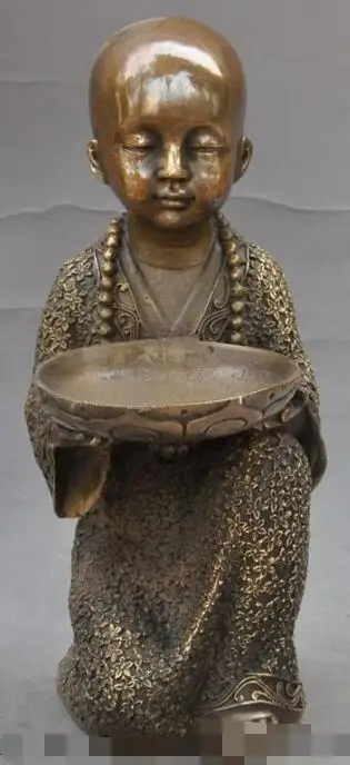 

S5440 9"Chinese fane Bronze Joss young small Buddhist monk hold Plate Buddha statue