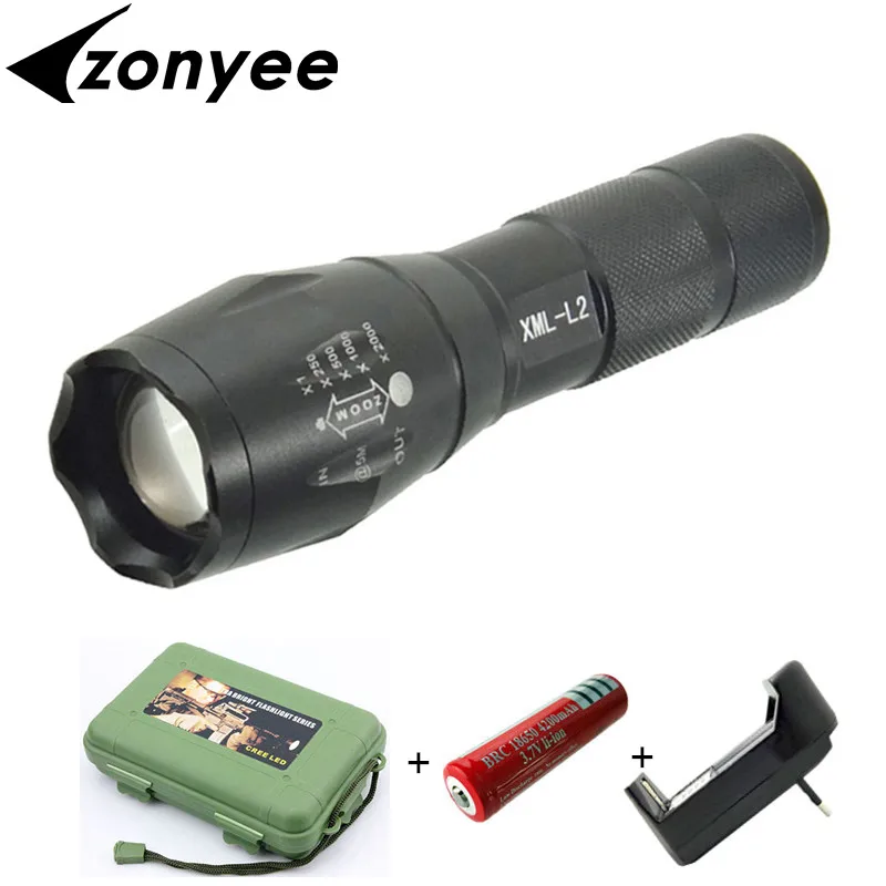 

CREE XML L2 Tactical Flashlight 5000lm Adjustable Zoomable Led Flashlight Lamp Light LED Torch Lantern with Battery + Charger