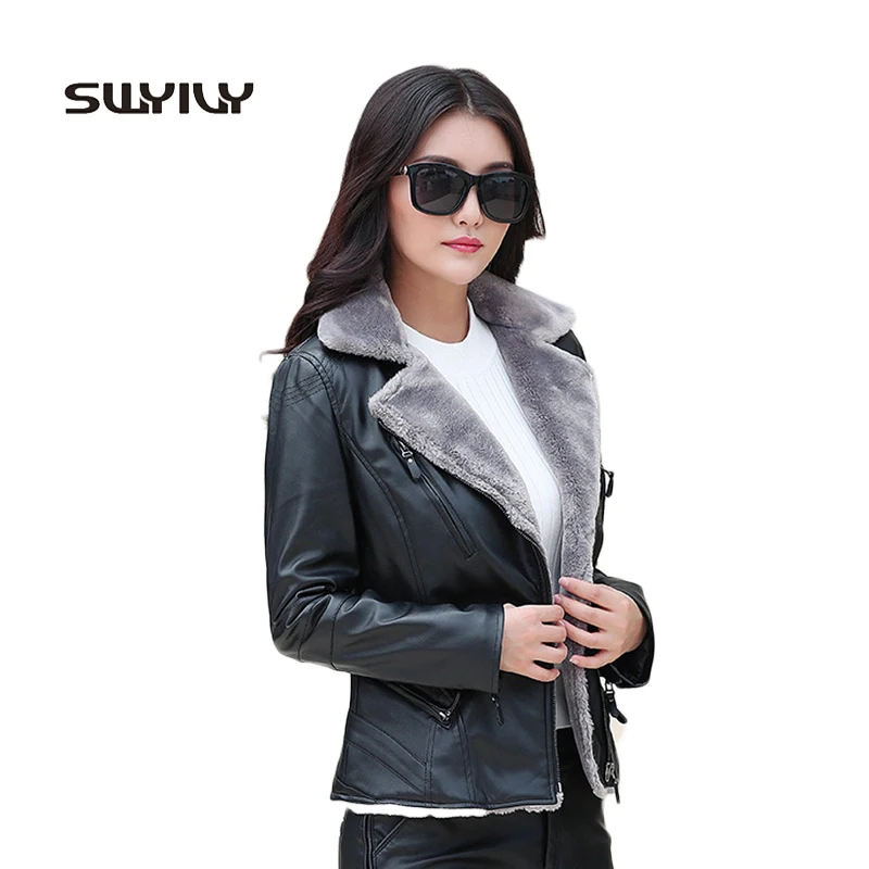 Super Warm Fur Leather Coat Turn Down Collar Womens Winter Jacket Zipper Slim Short Outwear Coat Fashion 2017 Streetwear
