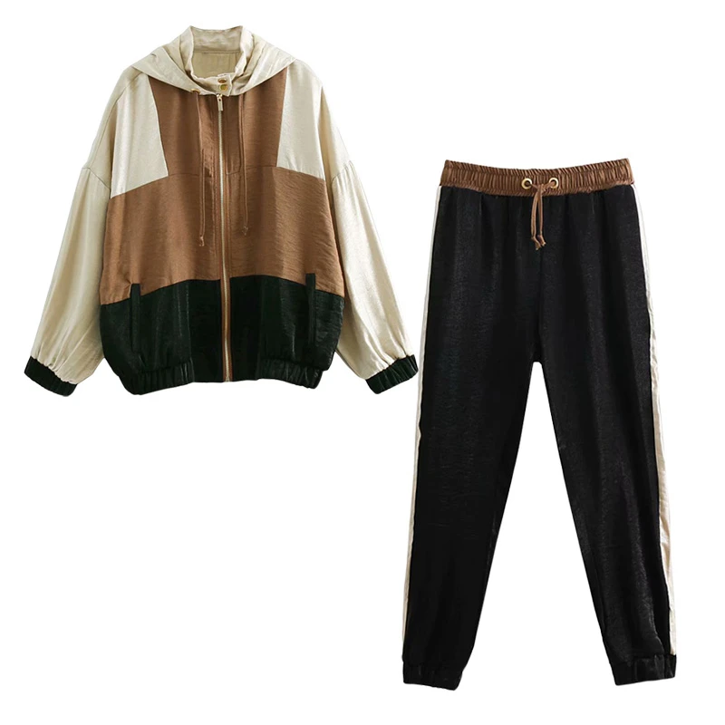 

Women's suit retro color matching sports jacket casual pants suit female loose hooded drawstring sports two-piece