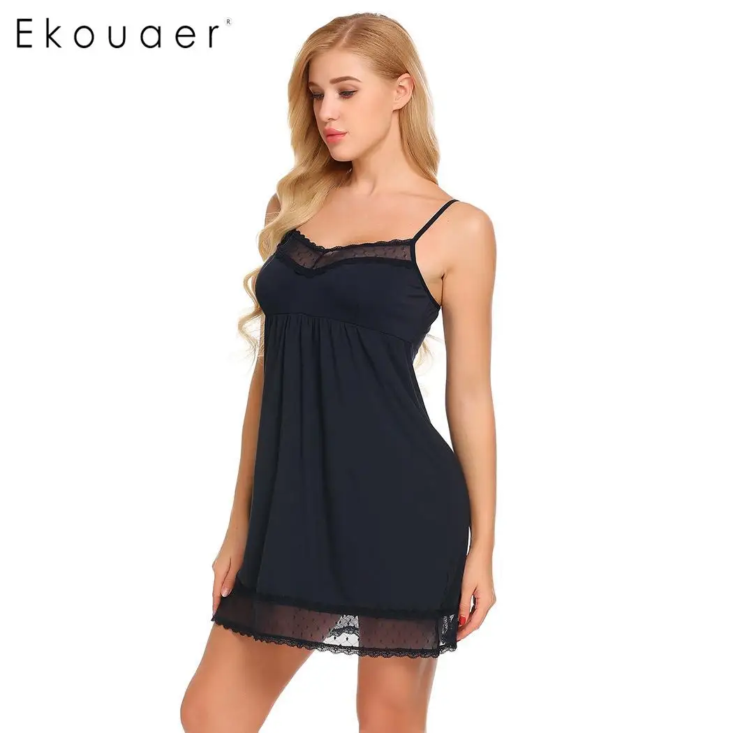 Ekouaer Женская одежда для сна кружевная отделка v-образный вырез на бретелях сорочка ночная рубашка комбинация нижнее белье платье Летняя Сексуальная женская ночная рубашка