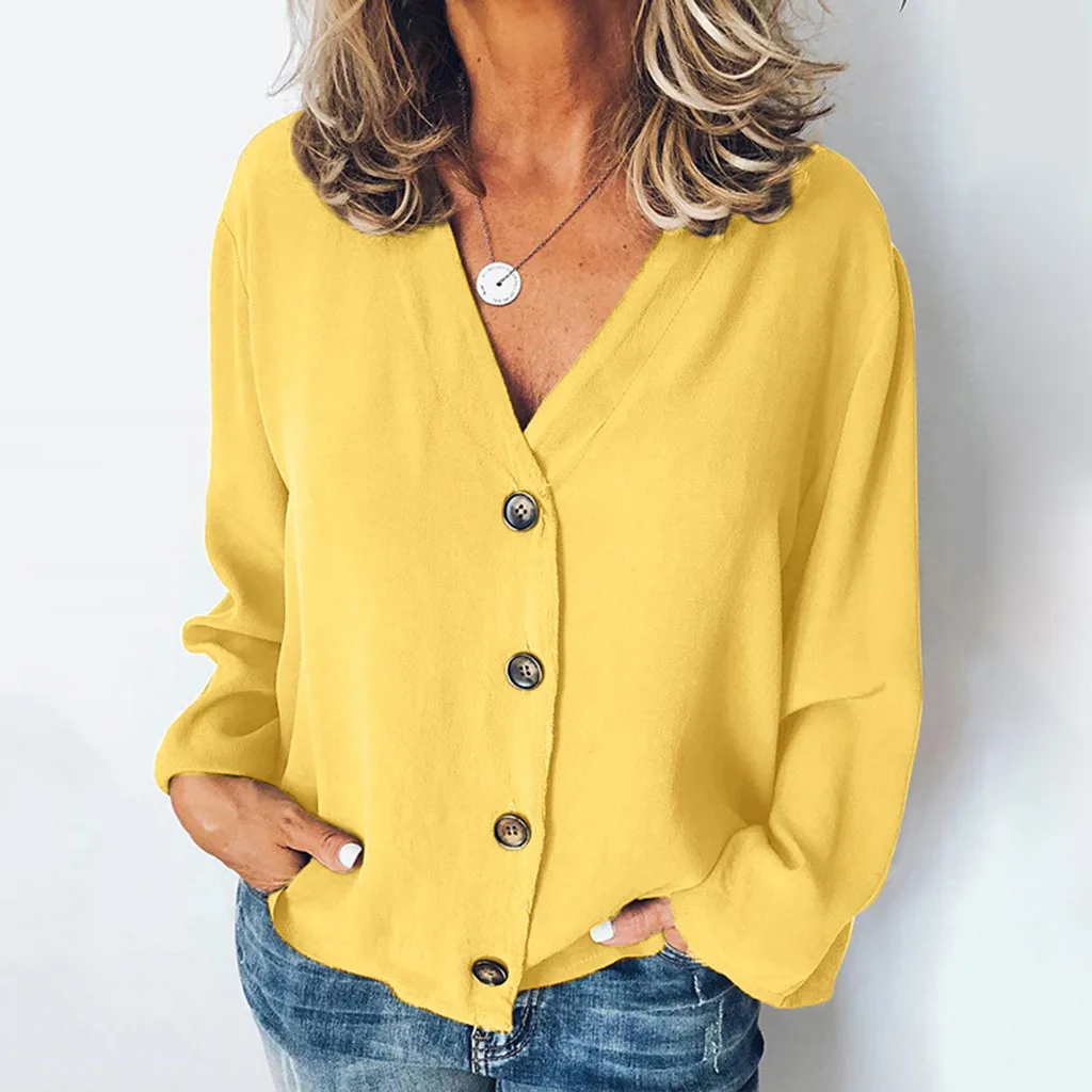 

Feitong Blouse Women Casual Solid Long Sleeve V-Neck Buttons Opening Loose Shirt Tops Blouse Camisas Blancas Mujer Women Blouse