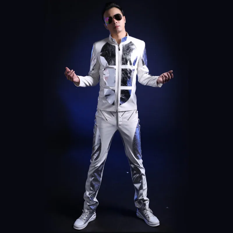 New Bar Performance Costume Men Nightclub Nights DS White Patent Leather Stage Costume Men05