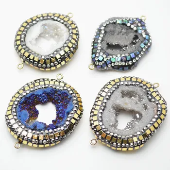 

New Design Paved Shiny Crystal Two Loops Freeform Druzy Geode Slice Jewelry Connectors Necklace Pendant