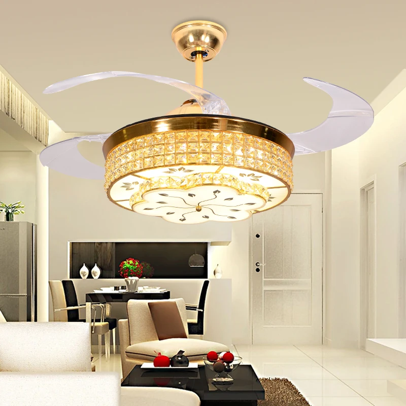 Led Quiet Hidden Blade Crystal Stainless Ceiling Fan Led