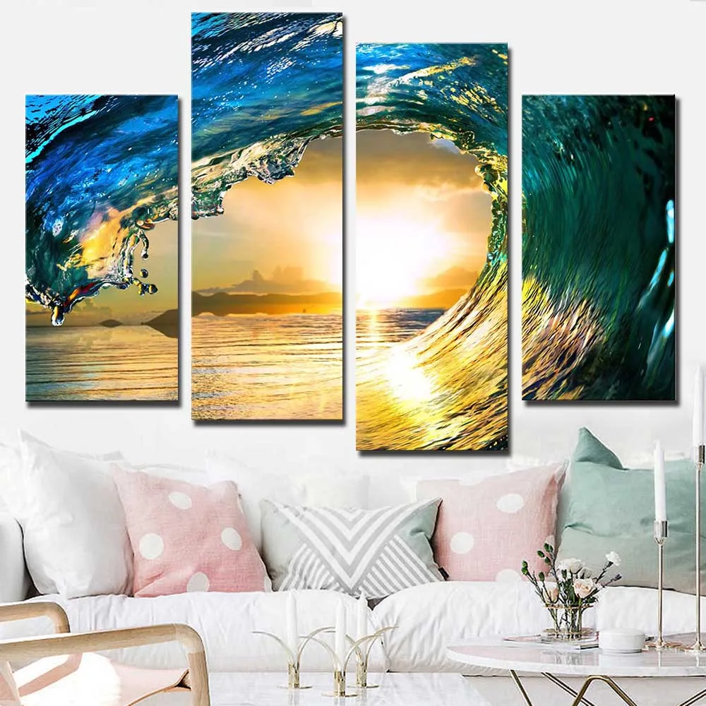 Buy 4 Pcs/Set Large Blue Ocean Wave Canvas Print Painting Modern Seascape Wall