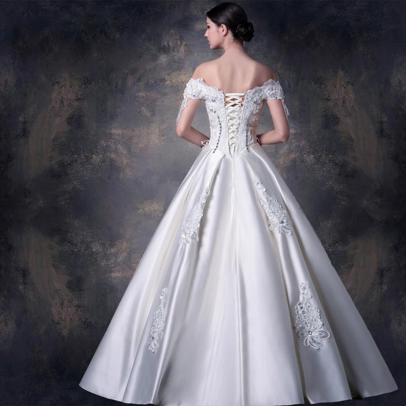 Fashionable Romantic Real Images Hot Sale Satin Short Sleeve Cap Lace  Vestido de noiva Wedding Dresses wedding dress for women