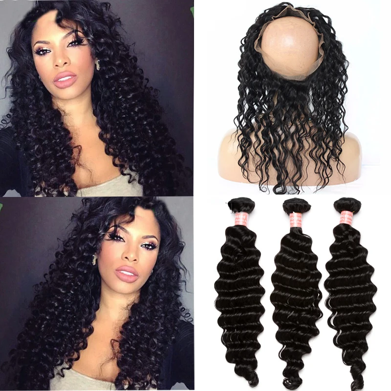 

360 Lace Frontal With Bandles Mink Brazilian Deep Curl Wave Virgin Hair 3 Bundles With 360 Lace Frontal 7A Hair Circular Closure