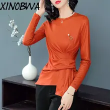 Европейский стиль; Новинка; в стиле осень Для женщин высокое уличный стиль с длинными рукавами и круглым вырезом одноцветное асимметричное T рубашка, топы женские Большие футболки для девочек