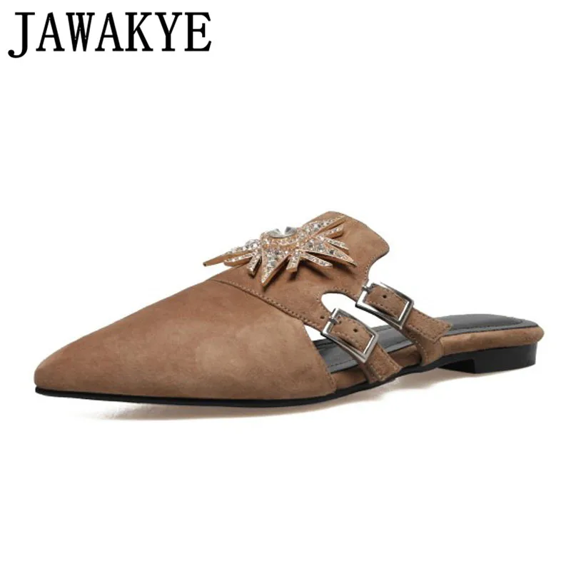 

Rhinestone Pointed Toe Flat heel Slippers women black khaki kid suede Cozy Outdoor flip flops mules Lazy crystal beach Shoes