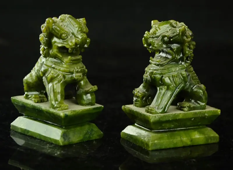 Rare A pair of 100 China natural green jade hand carved statues fo dog