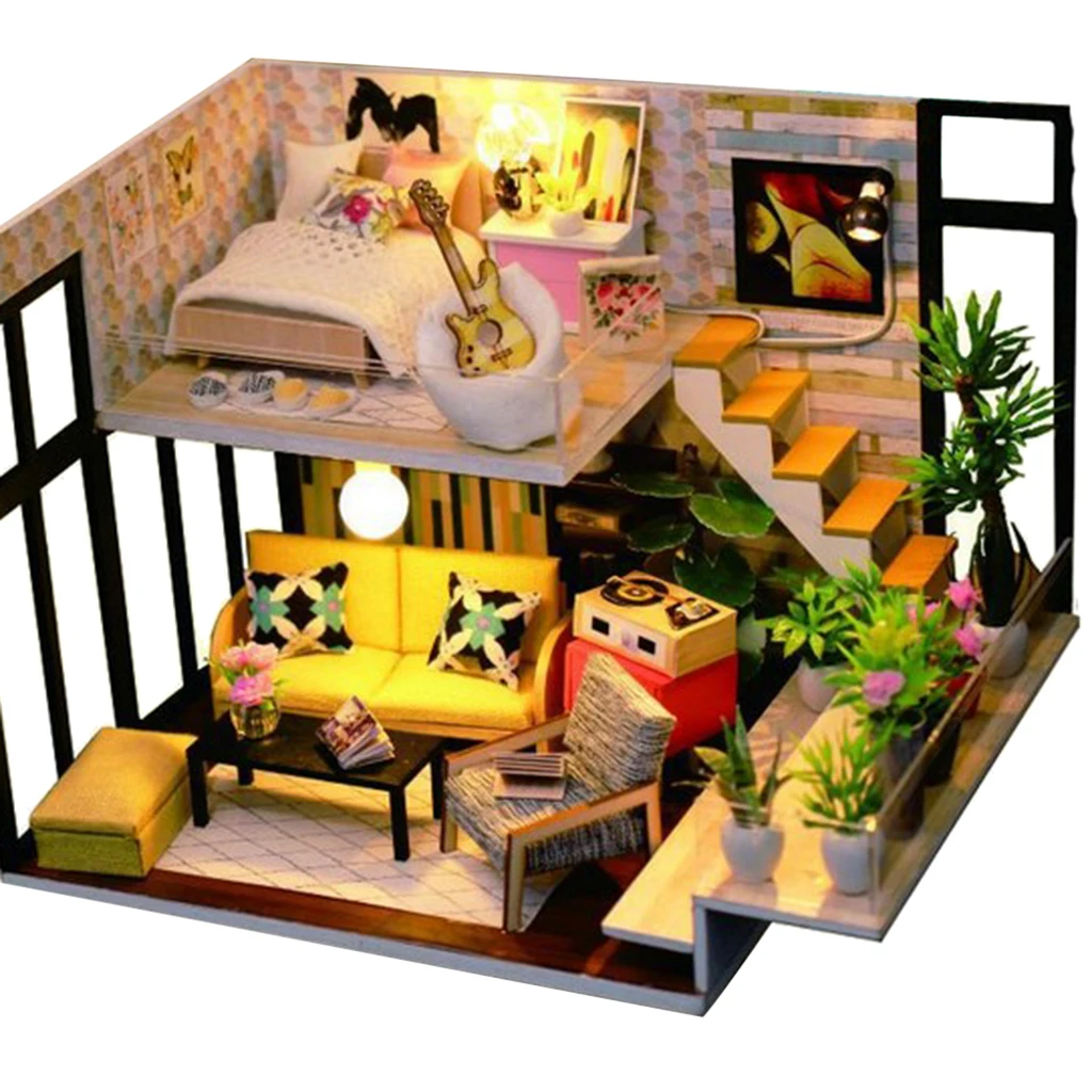 DIY Loft Apartments Dollhouse Wooden Furniture LED Kit Children Puzzle Toy Dollhouse Assemble Accessories