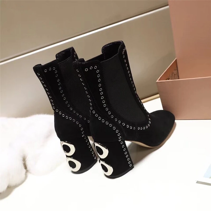 

Fashion Rivtes Women Ankle Boots Genuine Leather Chunky High Heels Motorcycle boots Runway Party Outdoor Shoes zapatos de mujer
