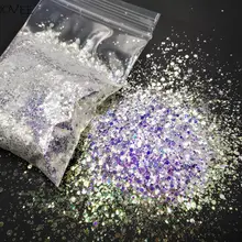 Переливающийся белый цвет с синим-золотым светильник сверкающий блеск смешанный размер Шестигранная форма пудры для самостоятельного нанесения гелевого макияжа