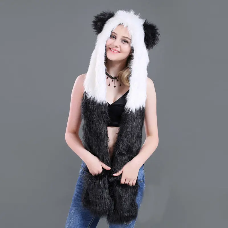 Новинка, брендовая зимняя теплая шапка с мультяшным животным, плюшевая шапочка, флисовая зимняя теплая пушистая шапка с капюшоном, шапка-ушанка - Цвет: Panda