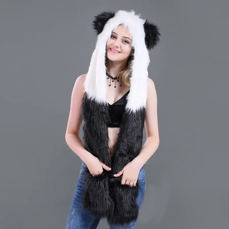 Panda Новинка, брендовая зимняя теплая шапка с мультяшным животным, плюшевая шапочка, флисовая зимняя теплая пушистая шапка с капюшоном, шапка-ушанка - Цвет: Panda