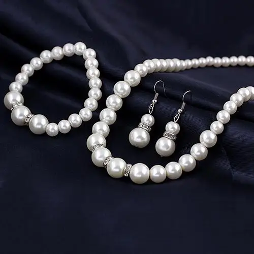 Women's Faux Pearls Alloy Necklace Bracelet Earrings Wedding Bridal Jewelry Set parrure bijoux femme | Украшения и аксессуары