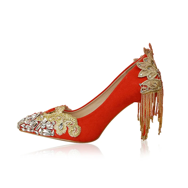 Wedding Shoes Red Color Chinese National Palace Tetro Style Rhinestone Tassel Gold Lace Flower Whole Sale Female Bride Pumps