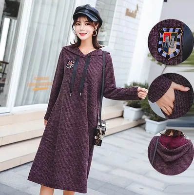 

Fashion Knitted Loose Casual Hooded Dress for Pregnant Mother Spring Winter Autumn Medium Dress