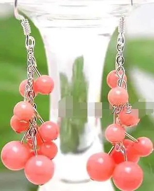 

Free Shipping >> new hot SALE GENUINE 4-6mm Round Natural Pink coral 2" Grape Dangle earring hook -ear106