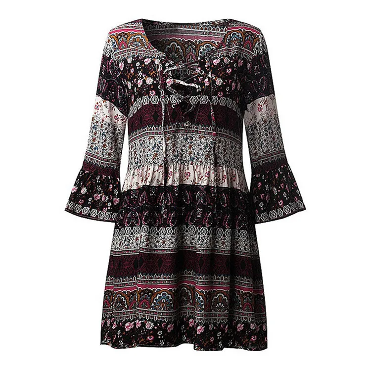 Лето стиль Женский цветочный принт три четверти рукав бохо платье ...