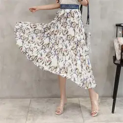 2019 сезон: весна-лето для женщин пляжная юбка корейская мода повседневное высокая Талия Джинсовая шить шифоновая юбка с цветочным принтом