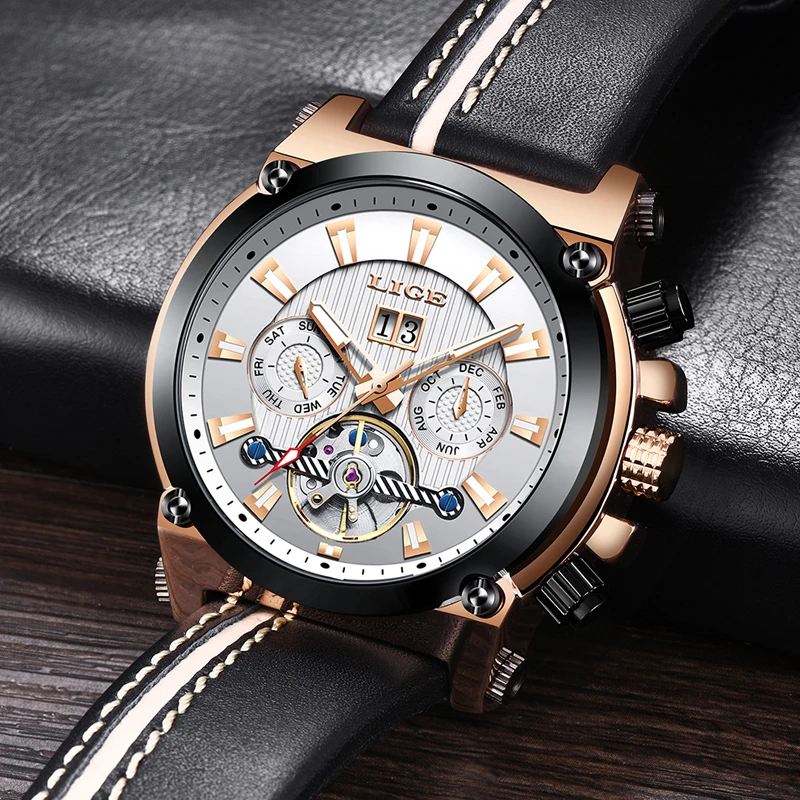2019 New LIGE Fashion Leather Automatic Mechanical Watch Men Military Waterproof Watch Men Sport Mechanical Clock Montre Homme